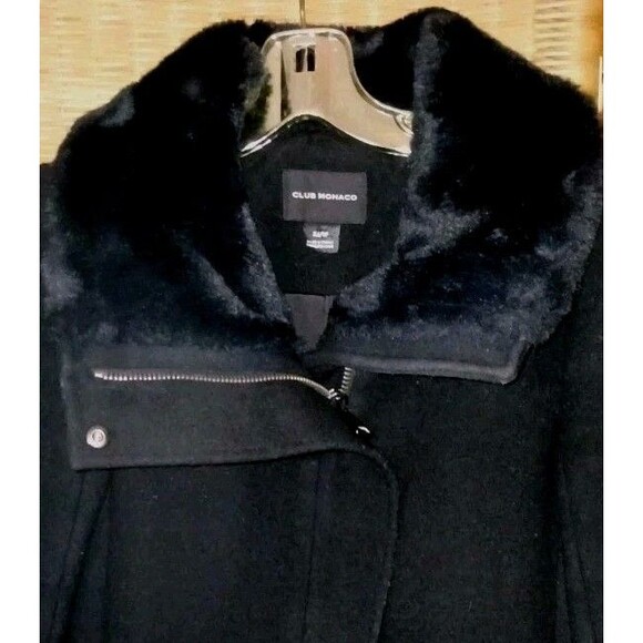 Club Monaco Womens Wool Pea Coat Faux Fur Collar Black XS Zip Mid-length Chic - Picture 6 of 12